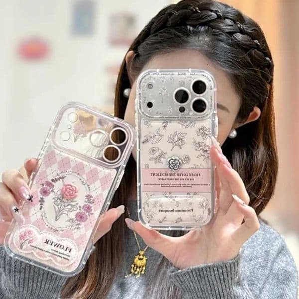 Korean fashion diamond grid flower holder phone case suitable for iPhone 17 Pro 17Prax 16 15 14 Prax protective caseJ260522