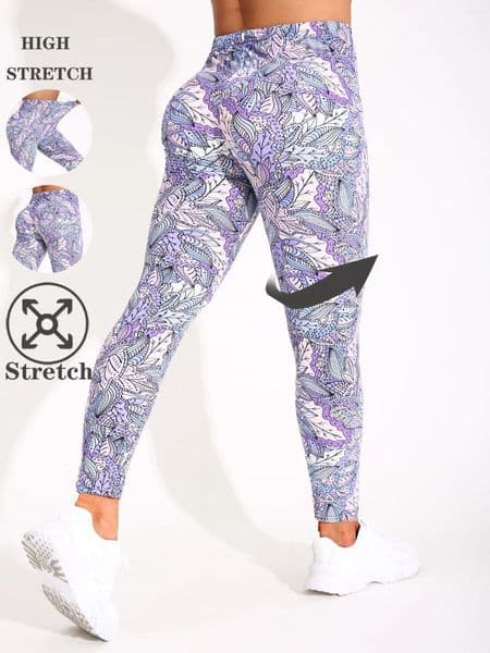 Women's Leggings Purple Pink Leaf Printed Casual Tight Pants For Women High Elasticity Fitness And Yoga Sexy Nine Point Pencil