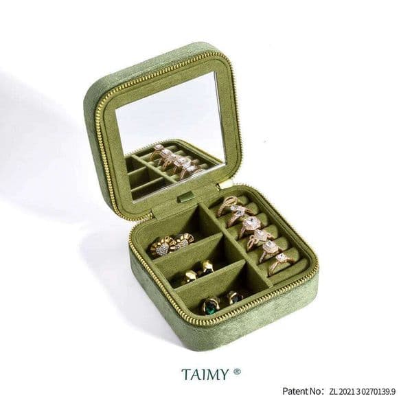 TAIMY Vintage Velvet Travel Storage Ring Flip with Mirror Organizer Support Logo Custom Retro Green Jewelry Box 26W0522
