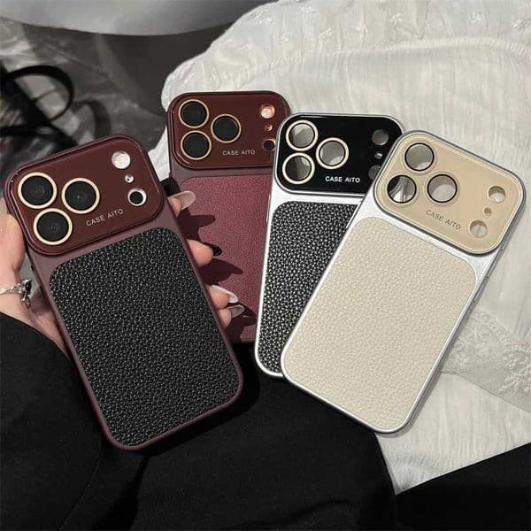 Luxury Lichee Pattern Leather Phone Case For iPhone 17 16 15 14 13 12 Pro Max Hard PC Camera Window Back CoverJ260522
