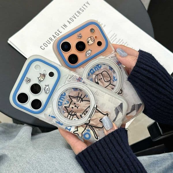 Stick Figure Puppy Kitten Couple Phone Case 360 Rotating Bracket Anti-Drop Phone Shell For iPhone 15 16 17 Pro MaxJ260522