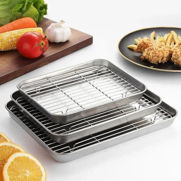 Stainless Steel Baking Pan Tray with Wire Rack Cake Baking BBQ Pan Tray Plate Oven Brownie Rack Cooking Roasting Grilling Tool 260518