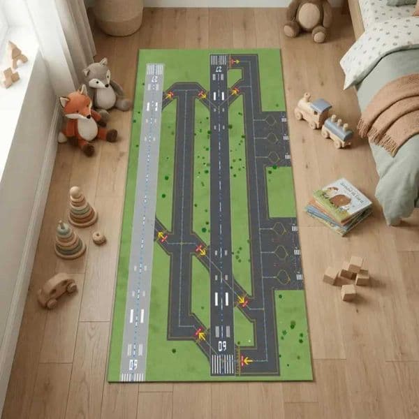 Restic Airport Runway Carpet Mat Rug Aviation Theme Interactive home decoration with Grey Green Tone for Hallway Playroom X260522
