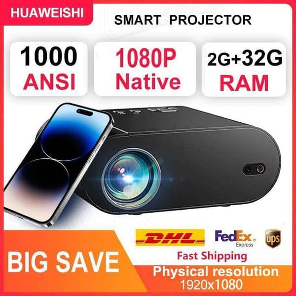 2025 Huaweishi L007 4K 1000ANSI Native 1080P Projector Auto Focus Keystone Correction BT5.2 Android 11 WIFI6 Home Cinema 26L0522