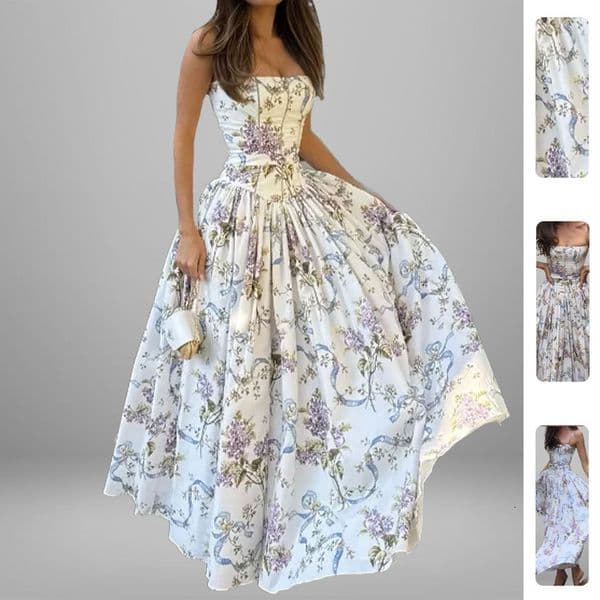 2026 Spring New Womens Dress Elegant Printed Large Hem Strap Dress