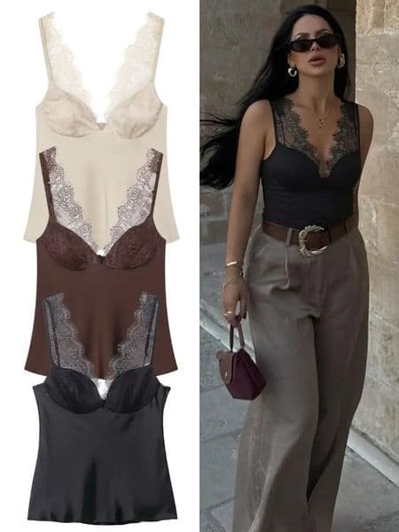 HH Elegant Women Lace Splice Sexy Satin Sling Tops 2026 Spring Summer Fashion Female V-Neck Backless Slimming Underwear Vest 260521