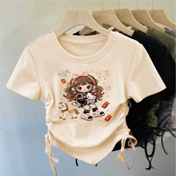 Girls Cartoon Print Hello Kitty Style Top for Older Children Summer Ice Silk Ribbed Drawstring Design Round Neck Short Sleeve L260521U7IK