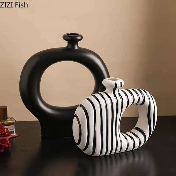 Zebra Stripes Ceramic Vase Artificial Flower Decorative Flowers Pots Desk Decoration Modern Floral Vases Room Aesthetic Decor 26Y0522