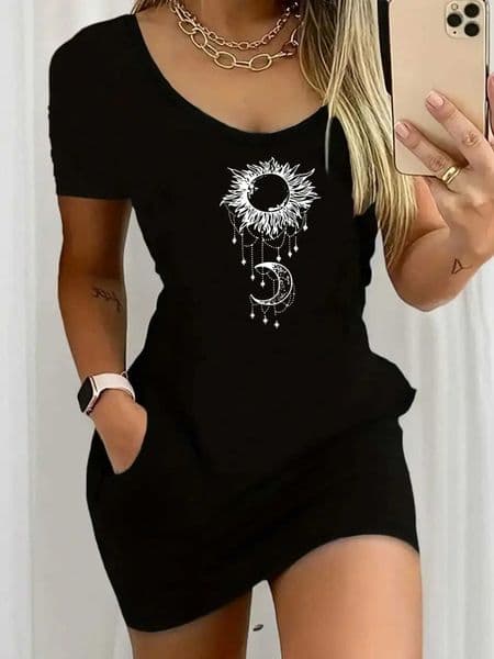 2026 Womens Casual Elegant Style Sun Moon Pattern Solid Color Round Neck Short Sleeve Womens Sexy Dress Short Skirt M260521