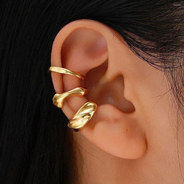 Backs Earrings 3pcs Set Modern Molten Ear Cuff Gold Liquid Metal Fake Piercing Irregular Helix Cartilage Clip Chunky Jewelry Kit For Women
