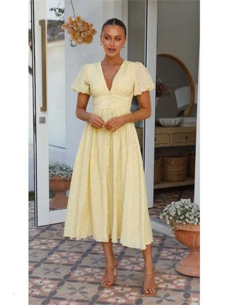 Woman Summer Elegant Midi Dress Sexy Deep V-neck Puffed Sleeves Simple Style High Waist Dresses Lady Solid Color Sweet VestidosT260522