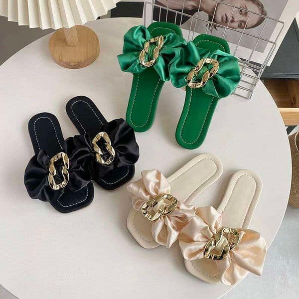 Girl's Slippers Silk Bowtie Buckle Pure Color Beautiful Children Sliders Summer Square Toe Slip-on Holiday Kids Shoes 27-36 26L0522