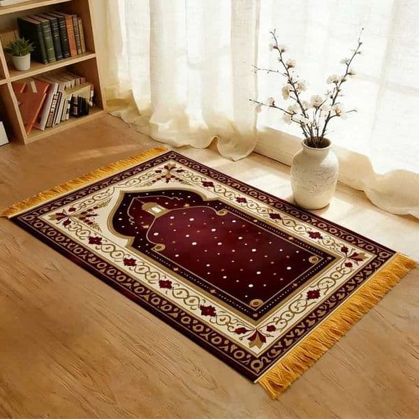 VIKAMA Luxury Star Pattern Burgundy Muslim Prayer Mat Portable and Foldable Suitable for Religious Pilgrimage and Prayer X260522