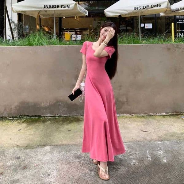 ZMZBCH New Womens Korean Solid Color Ankle Short Sleeved Dress for Summer Slimming and Slimming Effect A-line Length Skirt M260521