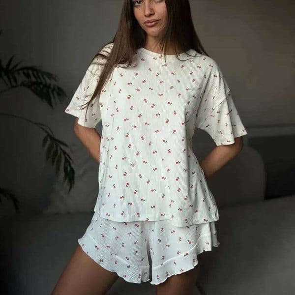 New Women's Fashion Shorts Short Sleeve Threaded Printed Pajamas Sweet Comfortable Breathable Loose Home Clothes Set