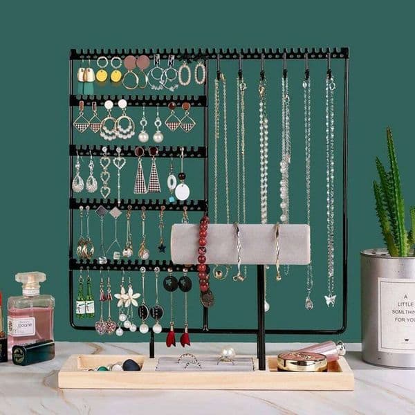 Metal Jewelry Organizer Stand with Wooden Tray - Multi-Functional Storage for Earrings, Necklaces, Bracelets & Rings 26W0522