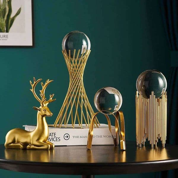 Modern Luxury Golden Metal Clear Crystal Ball Home Decor - Deer Figurine & Multi-Stand Ornament for Living Room Tabletop 26Y0522