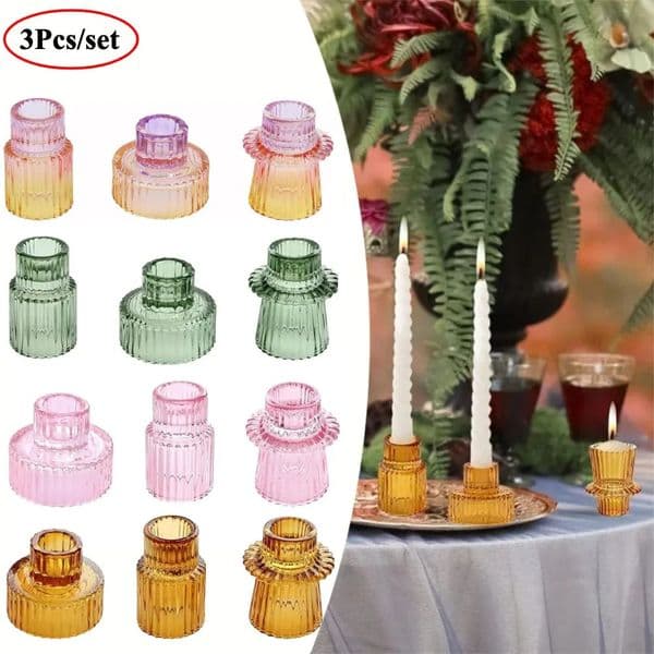 3Pcs Double Sided Vintage Ribbed Taper Glass Candle Holders for Table Centerpieces Wedding Decorations Dinner Parties 260521