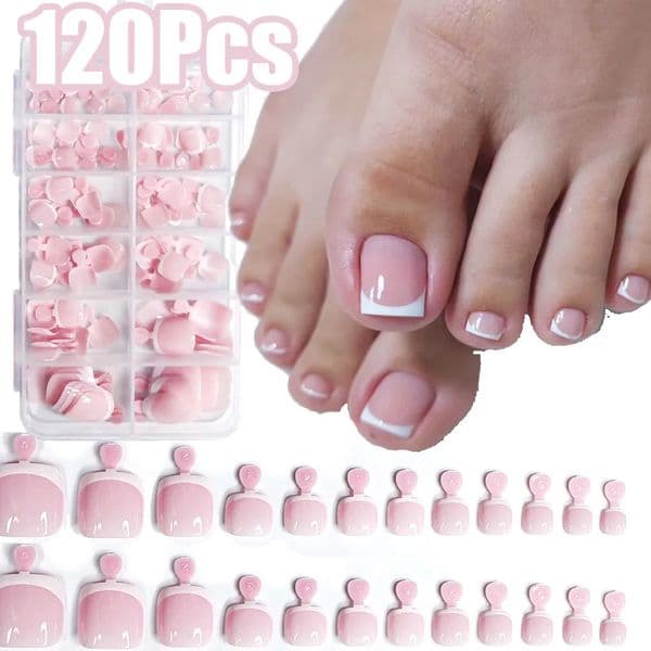 120Pcs Glossy Nude Pink French PressOnToenail Set 1Box Short Square Fake Toe Nails SolidColor Manicure Toenails Tips 260521