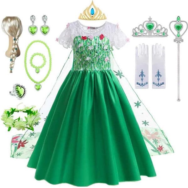 Elsa Green Dress for Kids Girl Princess Costume Dresses Children Long Cloak Floral Lace Ball Gown Summer L260522