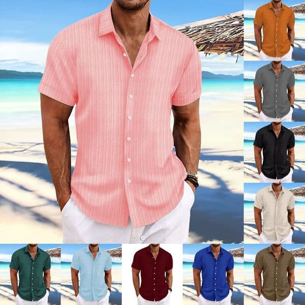 Solid Color Jacquard Wave Strip Short-sleeved Shirt Europe And The United States Mens Daily Casual Cardigan Fashion Trend 260521
