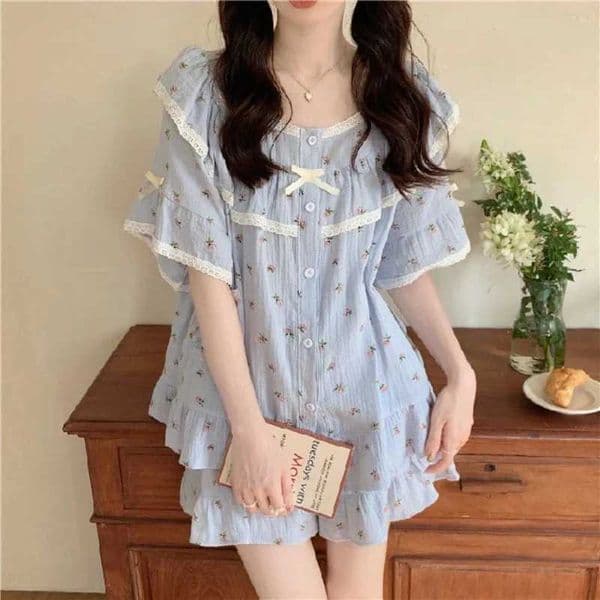 Summer New Womens Princess Style Sweet Pajamas Homewear Set Girls Lace Small Floral Summer Short-Sleeved Shorts Loose PajamasJ260522