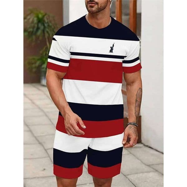 Men's Summer New Short-sleeved Shorts Two-piece Set Striped Splicing Printing Suit Outdoor Sports Breathable Sportswear