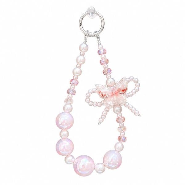 Sweet Pink Butterfly Phone Wristlet Strap Delicate Iridescent Beaded Keychain Bag Charm