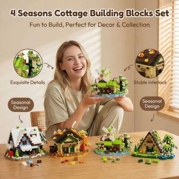 Four Seasons Cottage Building Block Set Retro Mini House Model Kit with Windmill Collectible DIY Assembly Toy for Adults Idea Z260522