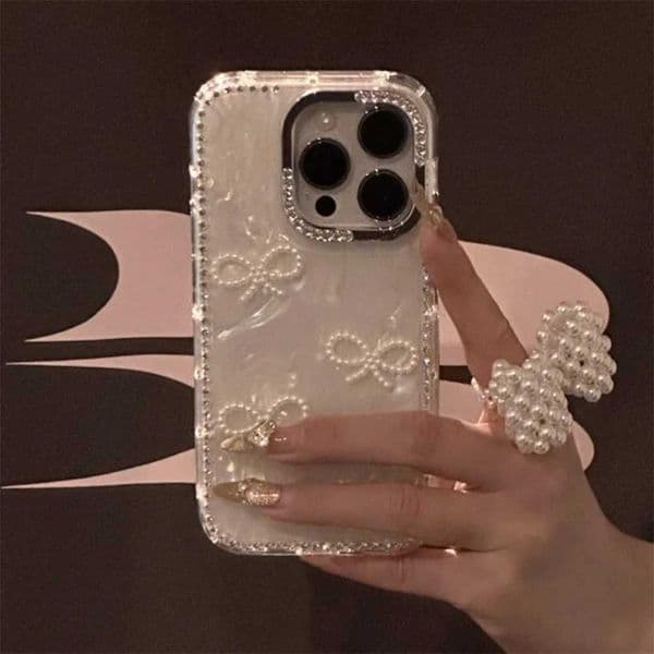 Luxury 3D Pearl Bowknow Glitter Rhinestone Shell Pattern Case For iPhone 17 Air 16 15 13 12 Pro Max 14 Plus Stylish Bling CoverJ260522 thumbnail 2