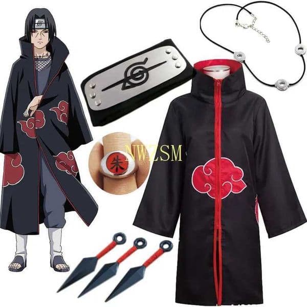 Kakashi Cosplay Costume Akatsuki Cloak Uchiha Itachi Sharingan Headband Necklace Ring Kunai Pain Halloween Costume for Men Kids L260522