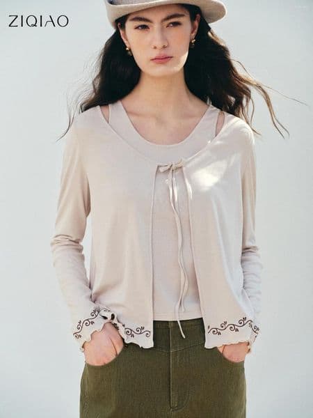 Women's Knits ZIQIAO 2026 Spring Petite Boho Chic Knit Cardigan Set Embroidered Cropped Open Front Coat With Camisole Two Piece