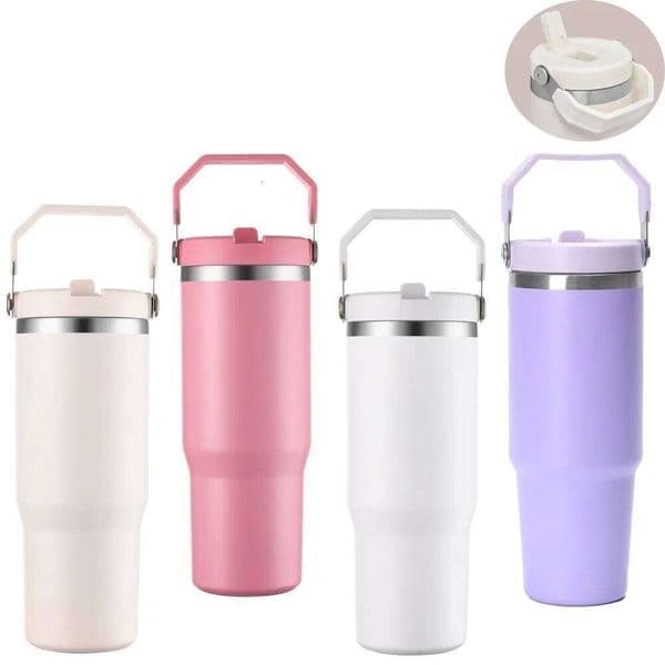 900ml Stainless Steel Thermos with Straw and Leak-proof Tritan Lid, Vacuum Insulated Water Bottle for Home, Office or Car 26W0523