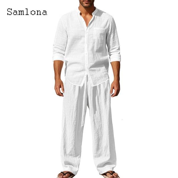 Plus Size Mens Casual Linen Two Piece Sets 2025 Europe Style Vintage Blouse and Straight Pants Suit Men Beach Tracksuits Set 260519