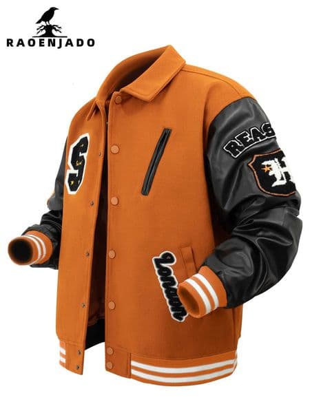 Mens Bomber Jacket Faux Leather Sleeves Varsity Coat Vintage Letterman Lapel Collar Clothing Baseball Spring/Autumn Outerwear L260520
