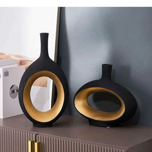 Black Gold Hollow Ceramic Vase Flower Arrangement Desk Decoration Artificial Flowers Decorative Floral Vases Modern Home Decor L260521