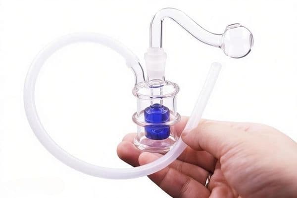 Colorful cheap 10mm Female Travel Mini Glass Oil Burner Bong Hookah Colorful Water Pipes Hookah Recycler Hand Bongs with Smoking banger bowl and silicone hose straw