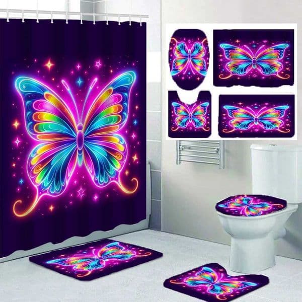 1/4 Colorful Butterfly shower Curtains Toilet Seat Decoration Shower Curtain with Carpet and Toilet Lid 12 708x708 inch Hoo T260520