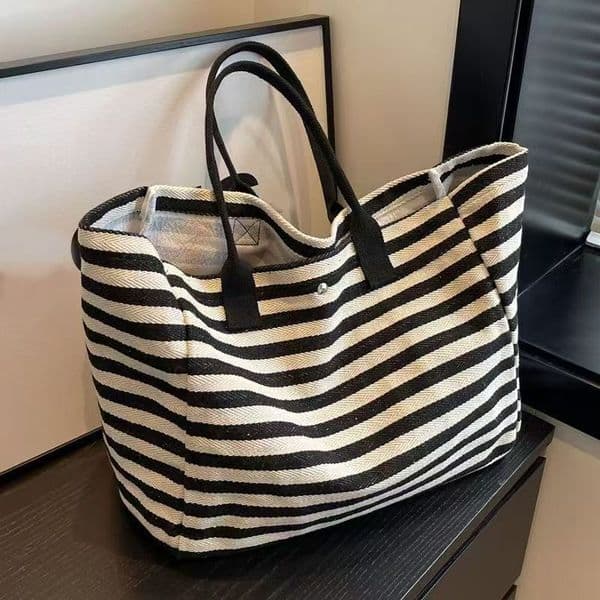 Designer Bag Commuting Canvas Bag for Women, Large Capacity Bag, 2026 New Striped Single Shoulder Mommy Tote