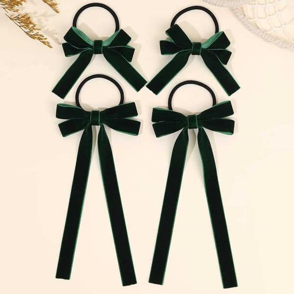 4Pcs Retro Velvet Hair Tie Elegant Soft Long Tail Bow Hair Rope Vintage Dark Green Hair Bands For Women Girls Hair Accessories M260522