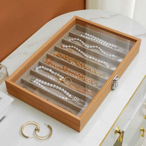 Jewelry Storage Box with Lid Long Pearl Necklace Bracelet Sweater Chain Thick Choker Glass Dustproof Lockable Jewelry Box L260522