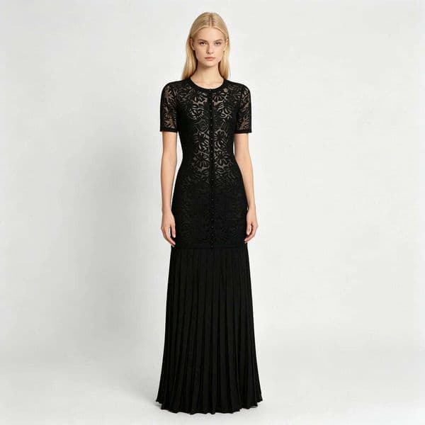 French Elegant Black Lace & Knit Midi Dress, Round Neck Short Sleeve Fitted Pleated Evening Gown Round Neck Basic