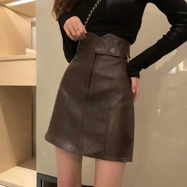 Temperament Autumn WinterWomen Solid Button Zipper Asymmetrical High Waist Fashion Slim Pu Leather Short A-line Hip Wrap Skirt M260523