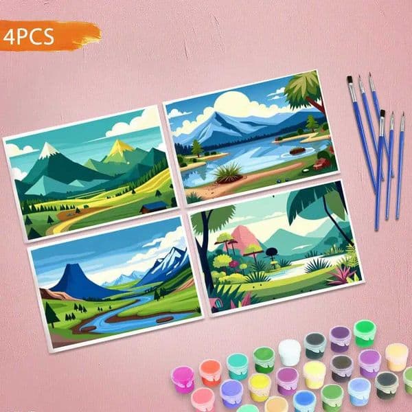 HUACAN 4PCS Easy-to-learn Colorful Oil Painting Mountain River Scenery Paint By Numbers Requires Manual Completion And Patience M26023