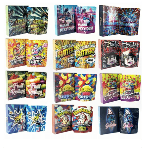 Wholesale 3.5g candy-style aluminum foil bags, with matching boxes, laser resealable empty packaging, bubble gum lemon fruit