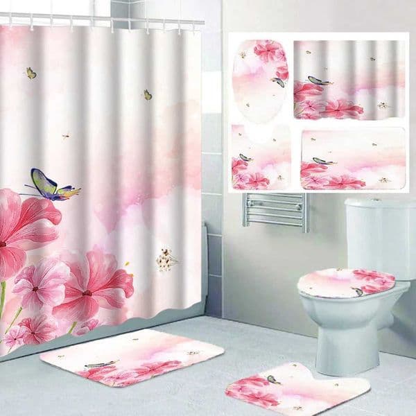 4/1 Pink Flower Shower Curtain Toilet Seat Decoration Shower Curtain with Carpet and Toilet Lid Size 708x708 inches T260520