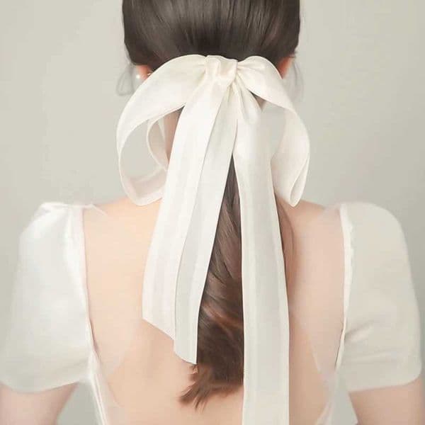 Lystrfac New Solid White Long Ribbon Hairpin for Women Back Head Bow Hair Clips Bridal Wedding Headdress Hair Accessories M260522