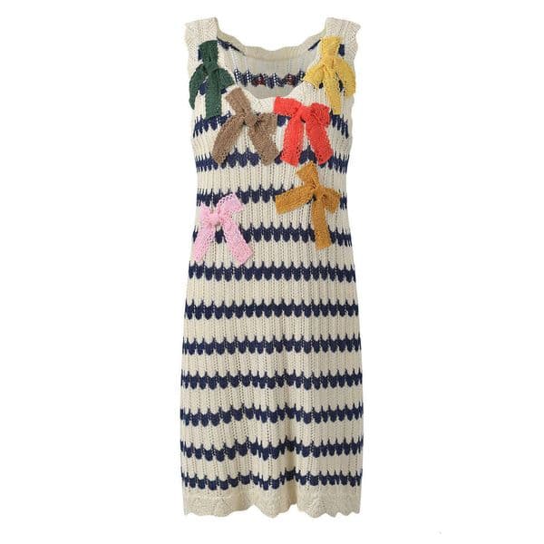 Summer New Design Colorful Crochet Bow Embroidery Contrast Stripe Knit Tank Dress MAKOUFEI
