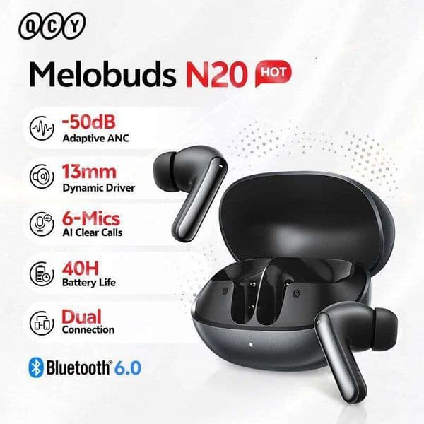 QCY Melobuds N20 BH25HT20A Wireless BT 6.0 Earphone -50dB Adaptive ANC 13mm Drivers Headsets 6 Mics HD Calls Earbud 40Hrs 26Y0523