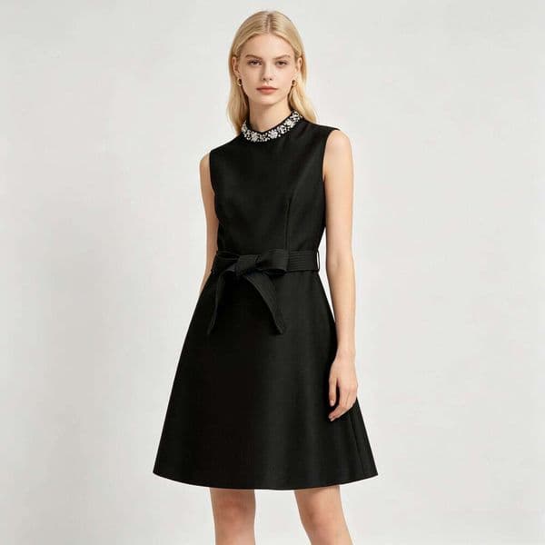 French Luxury Style Beaded Collar Sleeveless Little Black Dress, Waisted Belted A-Line Dress, Elegant Sophisticated Style Square Neck Retro